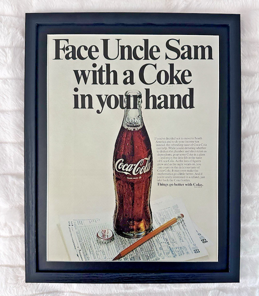 Framed 1969 COKE COCA COLA Original Print Ad Soda Income Tax Time Uncle Sam